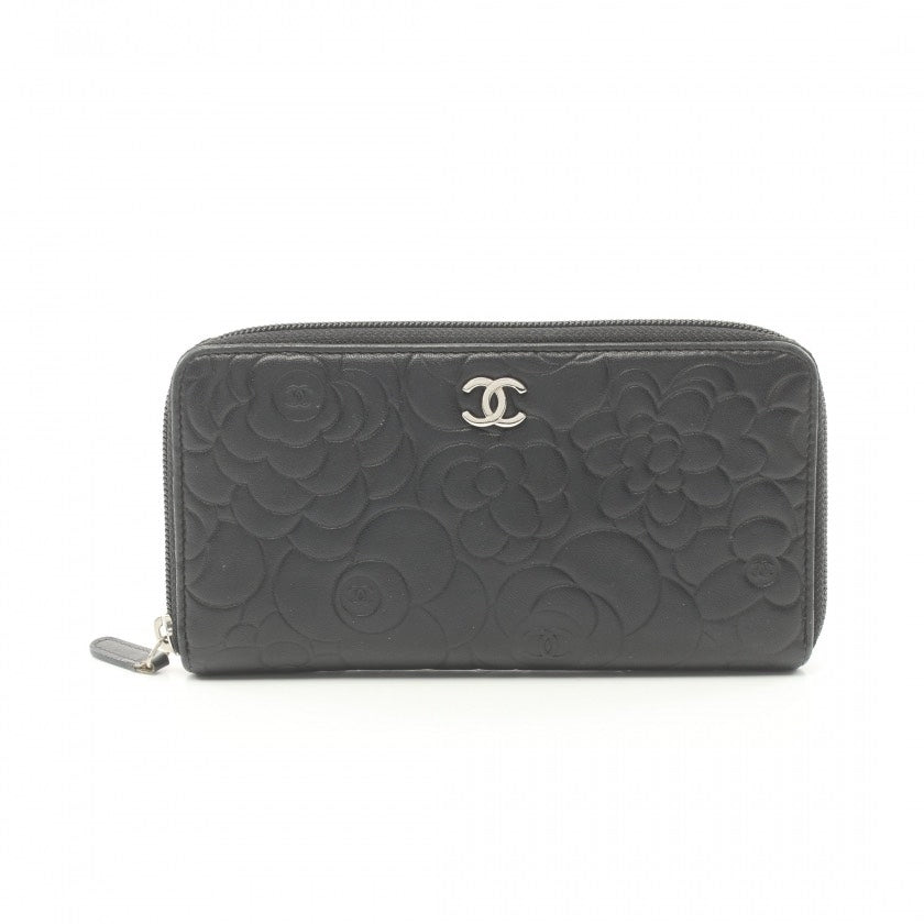Chanel Camellia Lambskin Black Zip Around Wallet