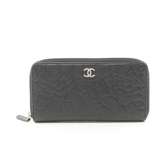 Chanel Camellia Lambskin Black Zip Around Wallet