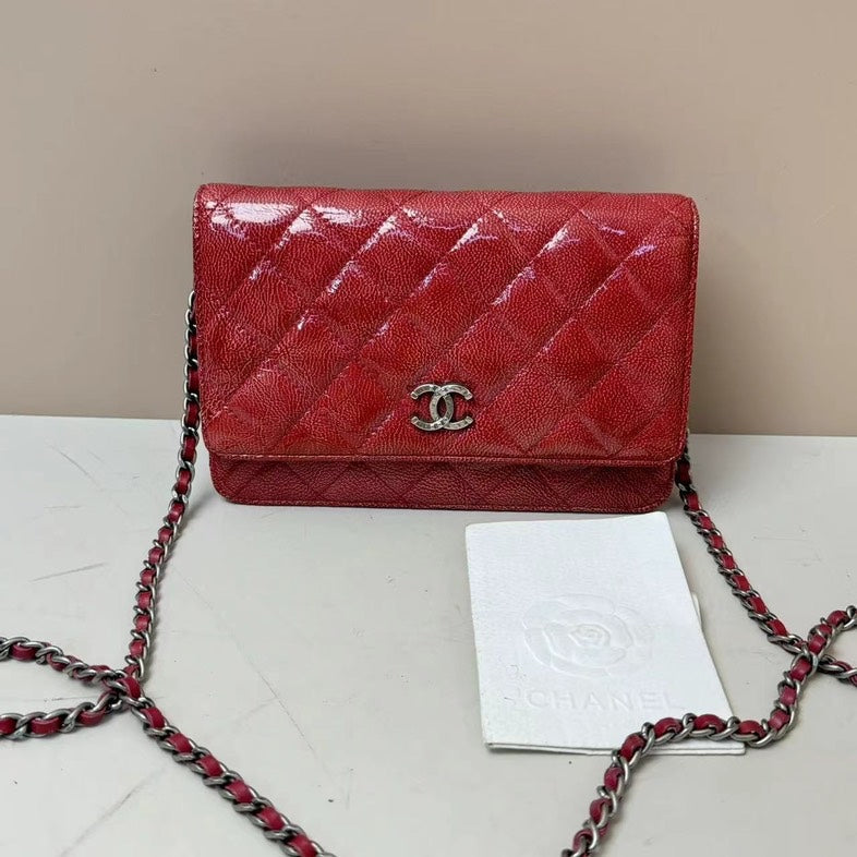Chanel Caviar Red Patent Leather Wallet On Chain Quilted Small Crossbody Bag.