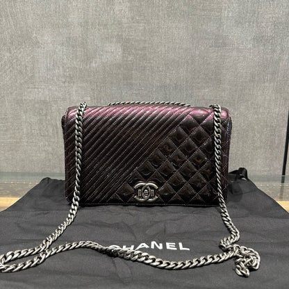 Chanel Quilted Patent Leather Shoulder Bag Black Medium