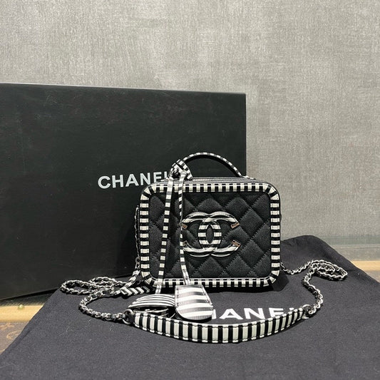 Chanel Vanity Case Black White Stripe Quilted Leather xxcm