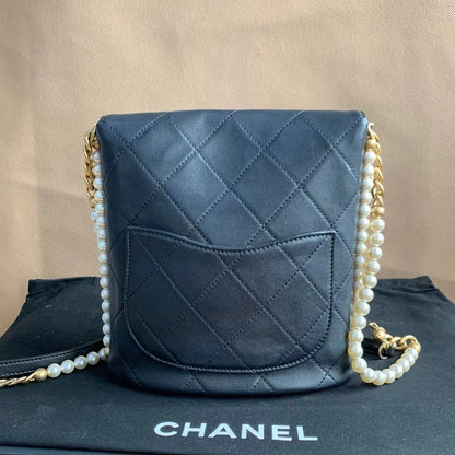 Chanel Black Quilted Leather Flap Bag with Pearl Chain Medium Size