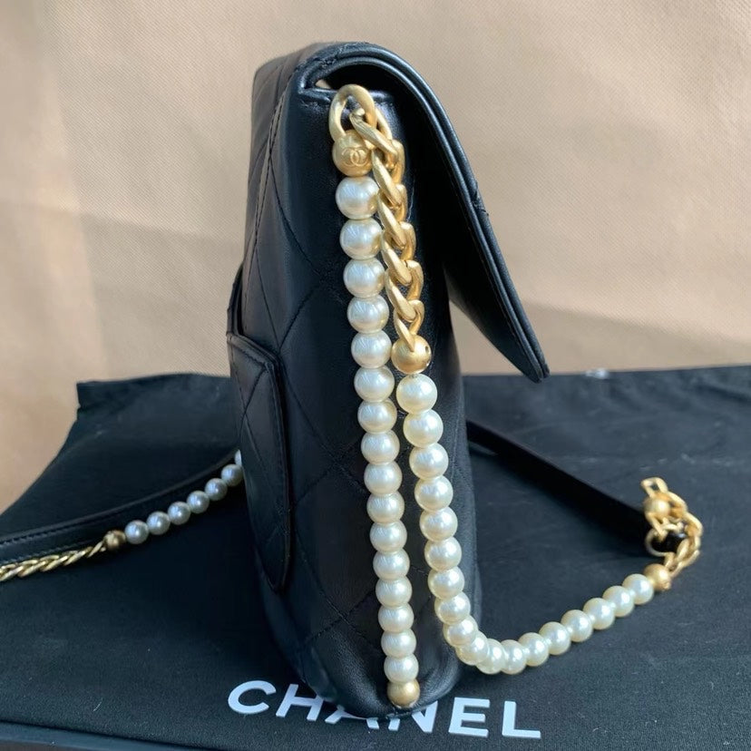 Chanel Black Quilted Leather Flap Bag with Pearl Chain Medium Size