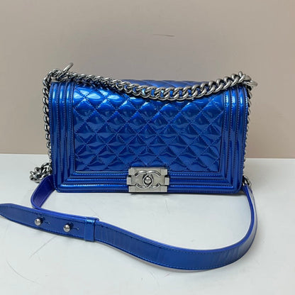 Chanel Boy Flap Bag Medium Blue Patent Leather Quilted Chain Strap.