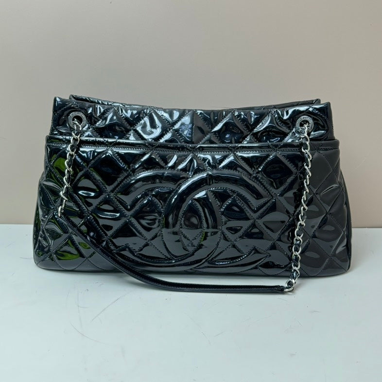 Chanel Black Patent Leather Chain Tote Bag Medium Size.