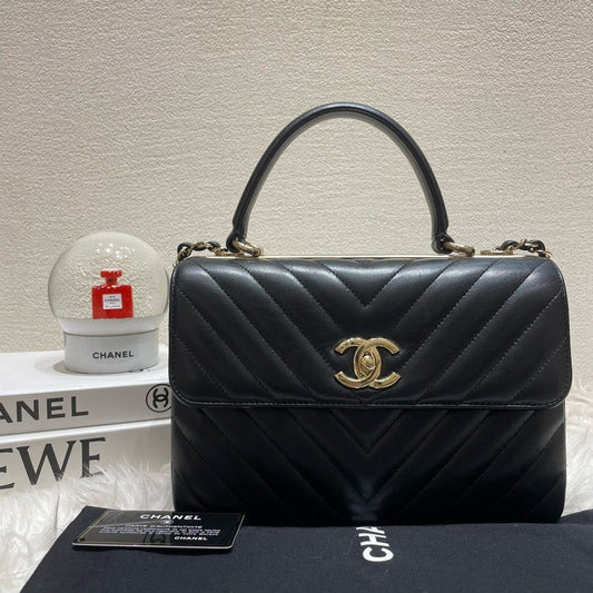 Chanel Trendy CC V Black Leather Top Handle Bag