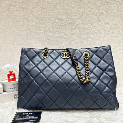 Chanel Quilted CC Navy Blue Leather Tote Bag