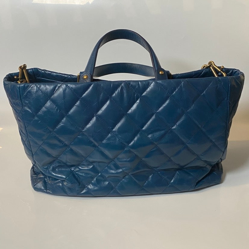Chanel Quilted Blue Leather Tote Bag - Designer Handbag