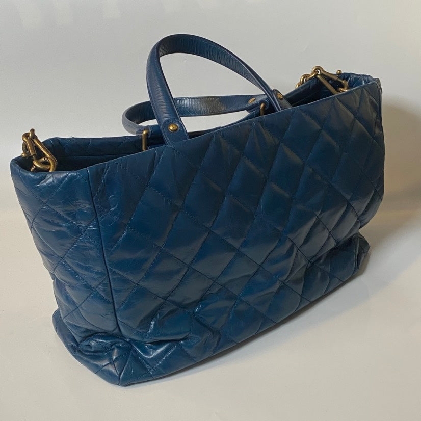 Chanel Quilted Blue Leather Tote Bag - Designer Handbag