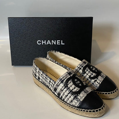 Chanel Tweed Black Slip-On Espadrille Flats