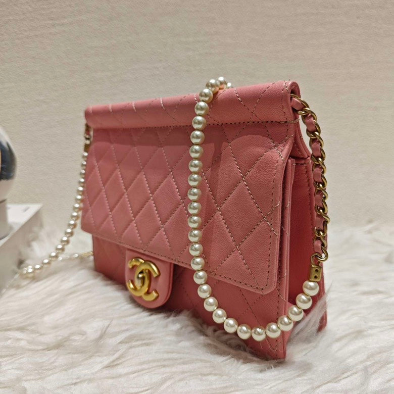 Chanel Pink Envelope Flap Bag with Pearl Chain