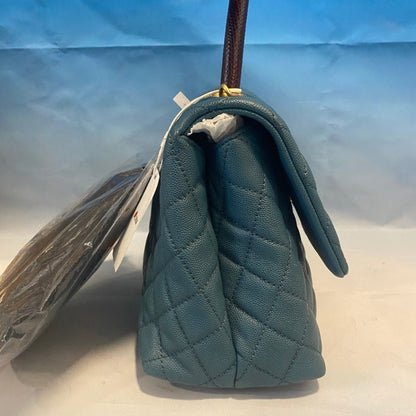 Chanel Quilted Top Handle Bag Army Blue Leather Shoulder Bag