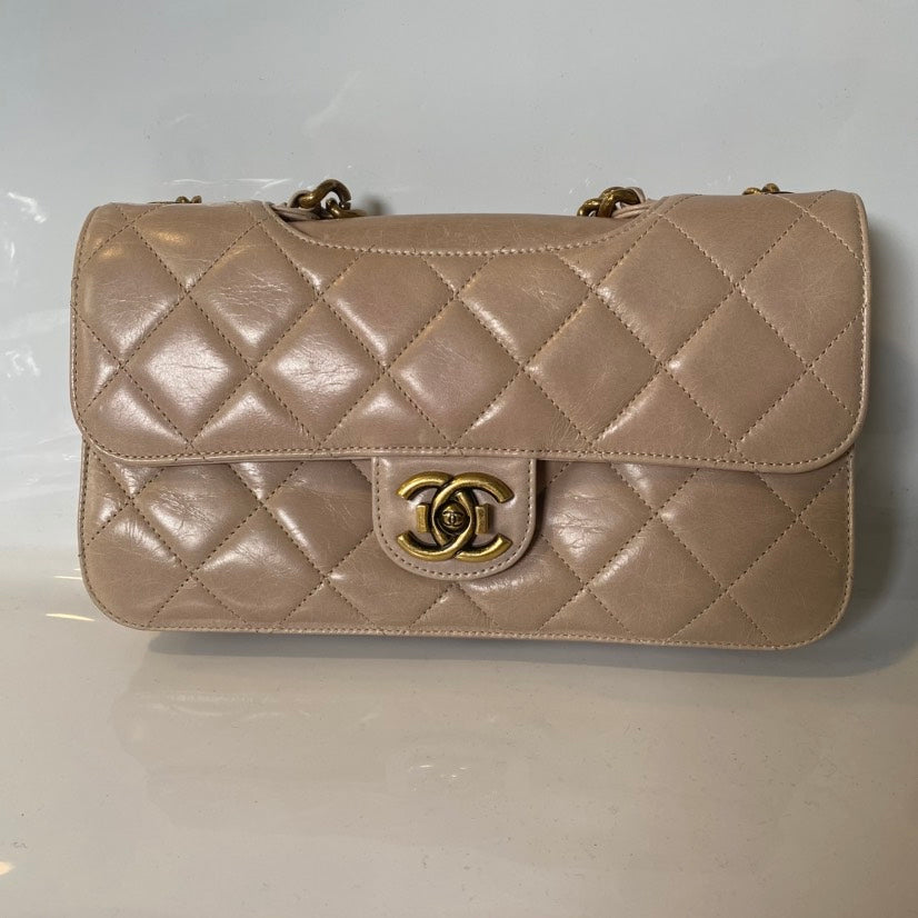 Chanel Preloved Beige Quilted Oil Wax Bag - Classic Flap Shoulder Bag