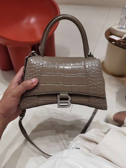 Balenciaga Hourglass Small Croc-Embossed Leather Top Handle Bag in Taupe