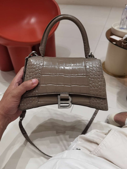 Balenciaga Hourglass Small Croc-Embossed Leather Top Handle Bag in Taupe