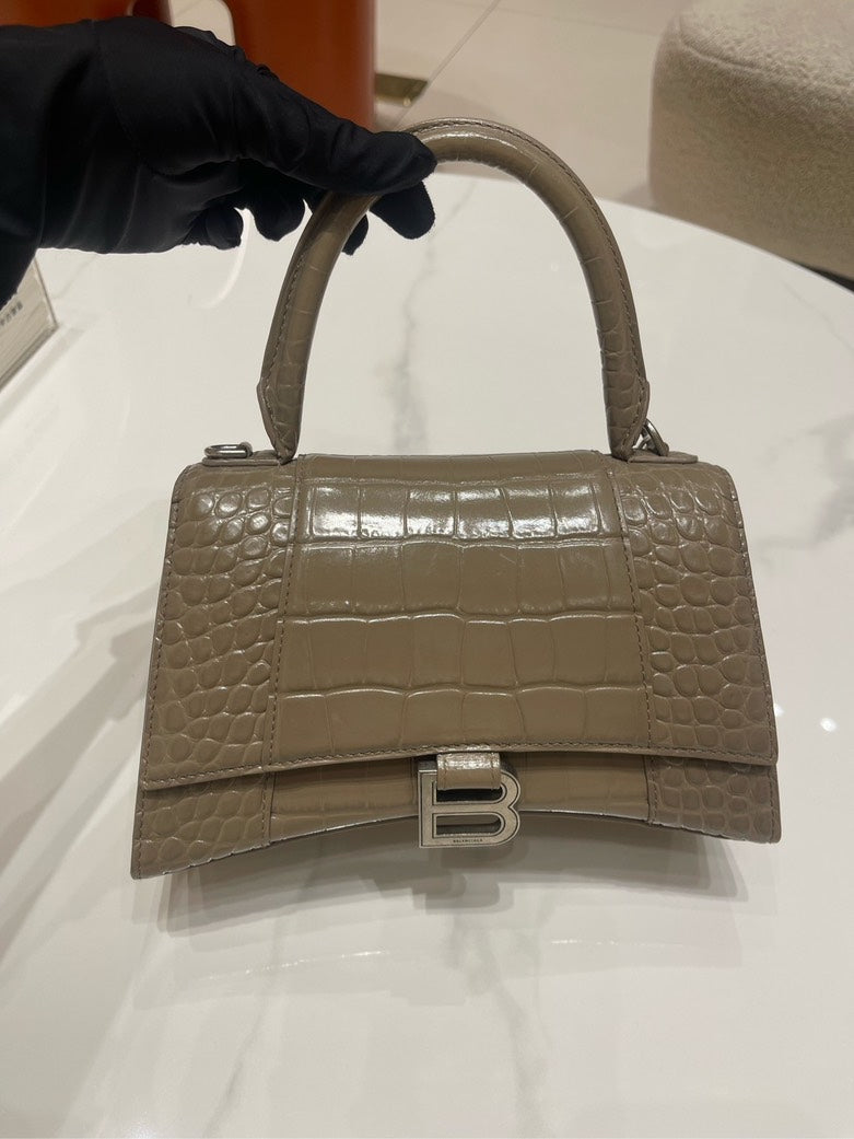 Balenciaga Hourglass Small Croc-Embossed Leather Top Handle Bag in Taupe