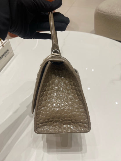 Balenciaga Hourglass Small Croc-Embossed Leather Top Handle Bag in Taupe