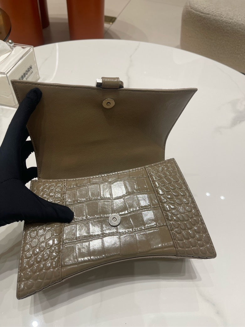 Balenciaga Hourglass Small Croc-Embossed Leather Top Handle Bag in Taupe