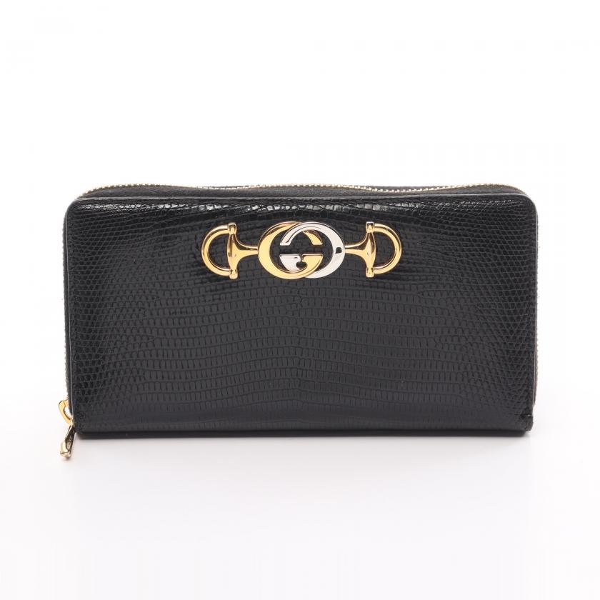 Gucci Zumi Round Zipper Long Wallet Leather Black Lizard Embossed 880084