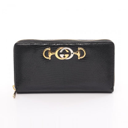 Gucci Zumi Round Zipper Long Wallet Leather Black Lizard Embossed 880084