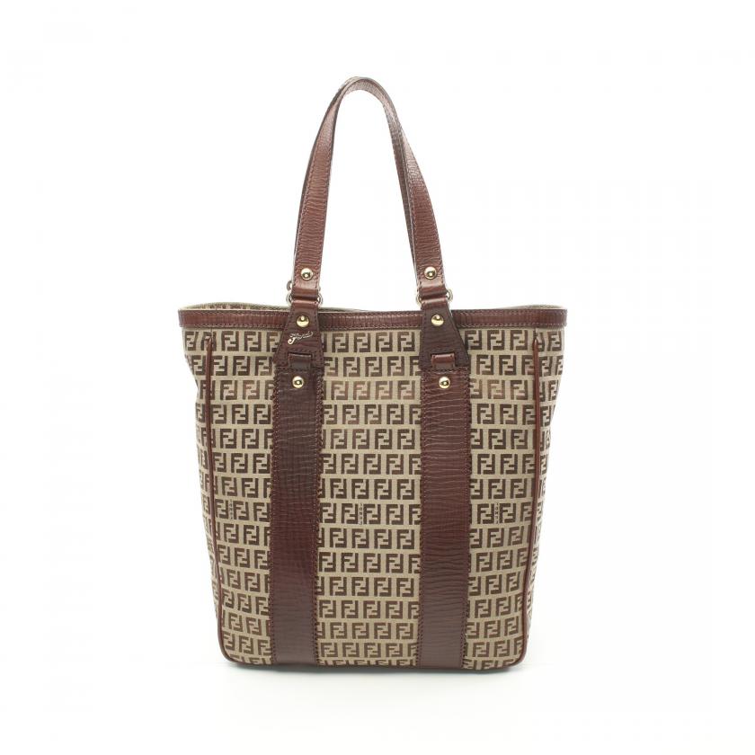 Fendi Zucchino Handbag Tote Bag Canvas Leather Beige Dark Brown 881697