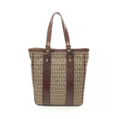 Fendi Zucchino Handbag Tote Bag Canvas Leather Beige Dark Brown 881697
