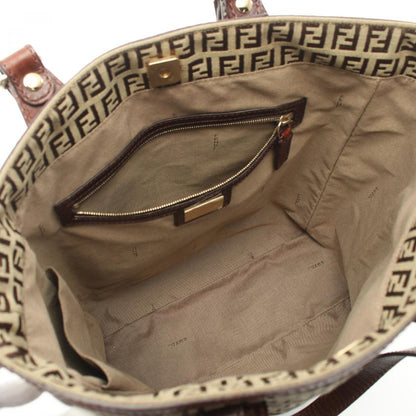 Fendi Zucchino Handbag Tote Bag Canvas Leather Beige Dark Brown 881697