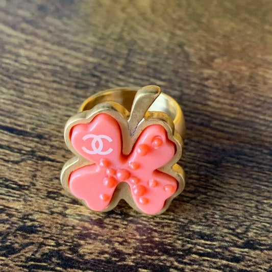 Chanel Gold Clover Ring with Pink Enamel Flower Size