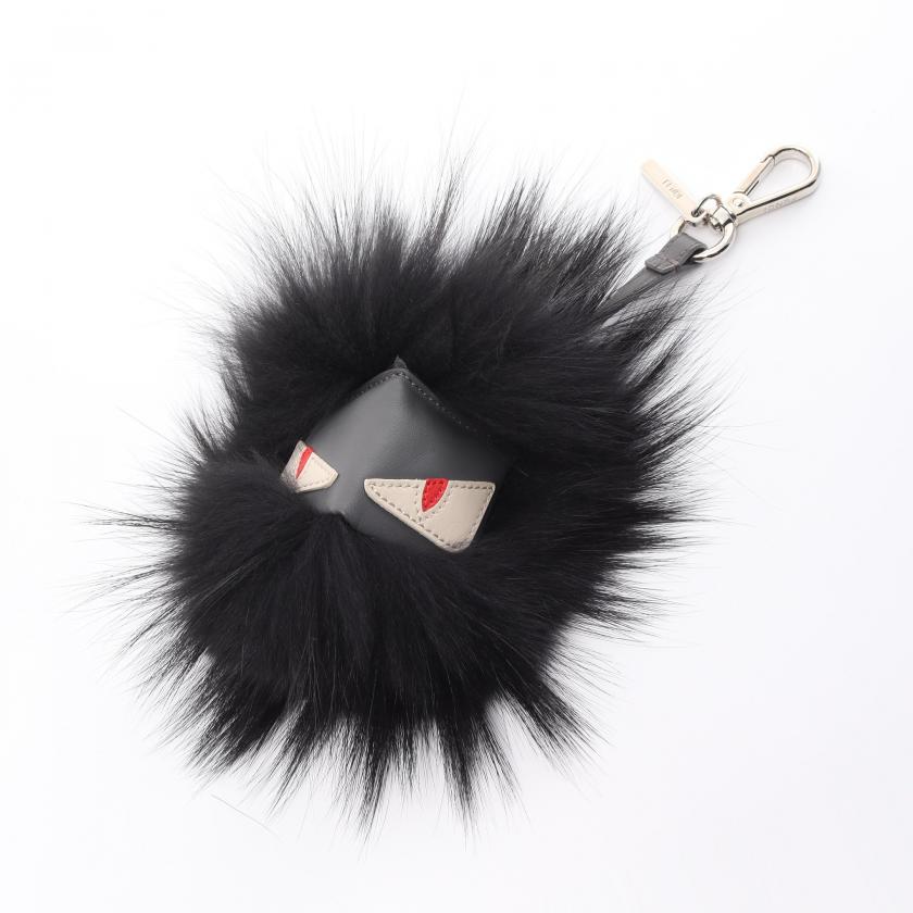 Fendi Bag Bugs Monster Bag Charm Key Ring Fur Leather Black Gray 885059