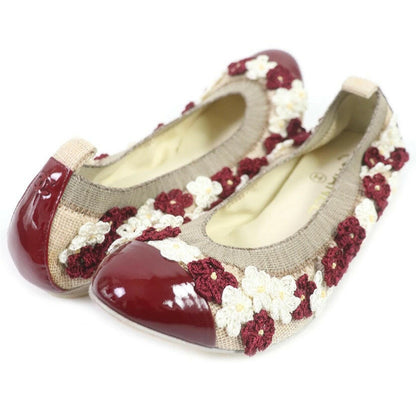 Chanel Beige/Bordeaux Floral Embellished Ballet Flat Shoes Size