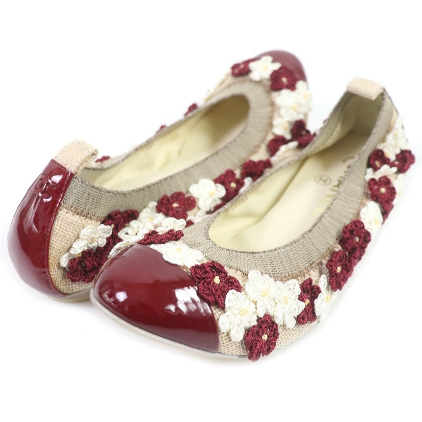 Chanel Beige/Bordeaux Floral Embellished Ballet Flat Shoes Size