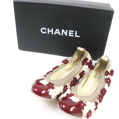 Chanel Beige/Bordeaux Floral Embellished Ballet Flat Shoes Size