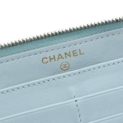 Chanel Matelasse Round Zipper Long Wallet Caviar Skin Light Blue Gold Hardware 892527 - Condition B