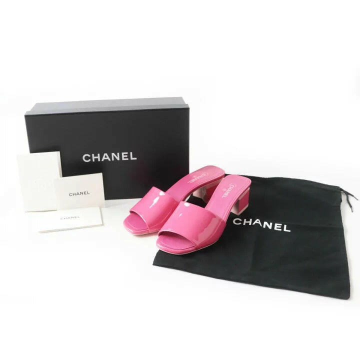 Chanel Pink Patent Calf CC Logo Slide Mule Block Heel Sandals Size C