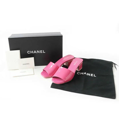 Chanel Pink Patent Calf CC Logo Slide Mule Block Heel Sandals Size C