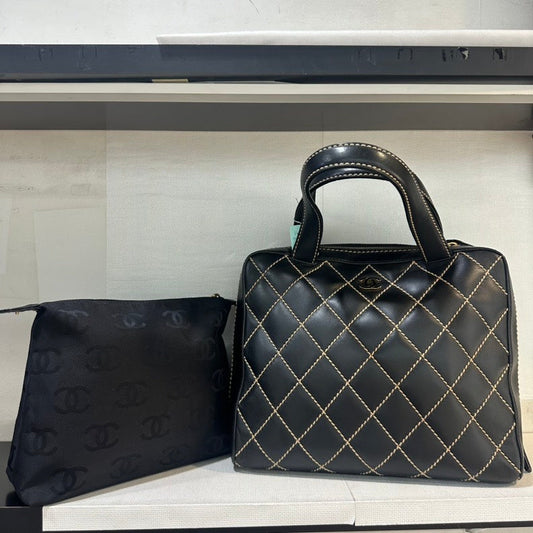 Chanel Wild Stitch Black Leather Handbag with Pouch Medium Size