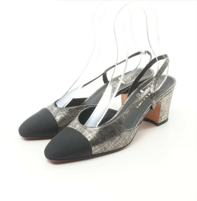 Chanel Metallic Slingback Sandals Black Cap Toe Block Heel Size C
