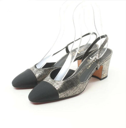Chanel Metallic Slingback Sandals Black Cap Toe Block Heel Size C
