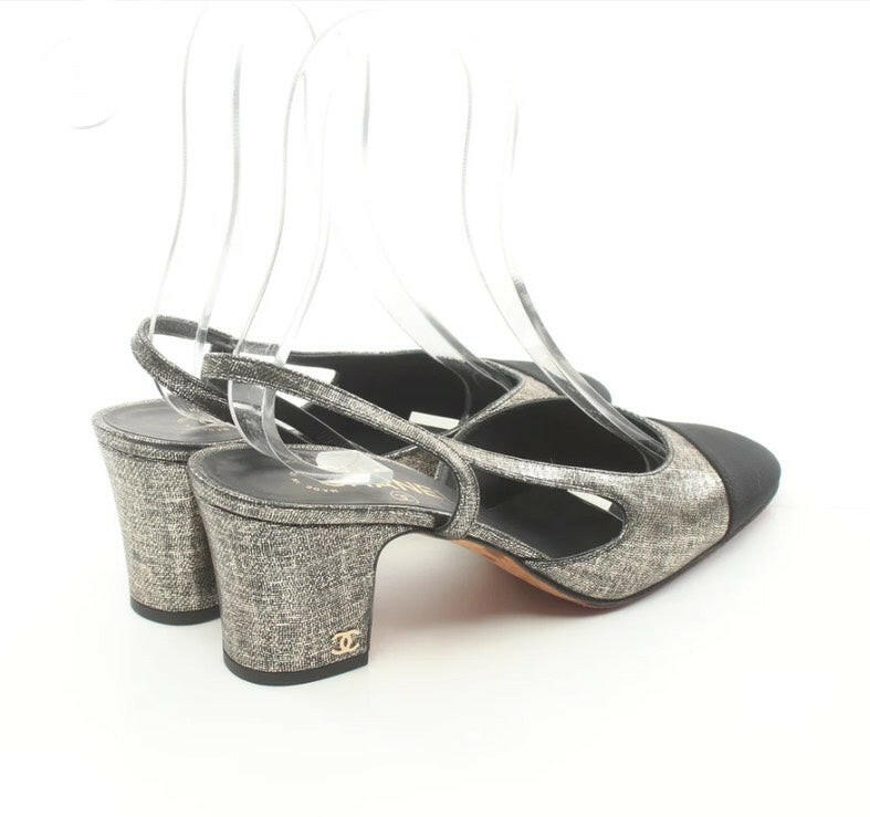 Chanel Metallic Slingback Sandals Black Cap Toe Block Heel Size C