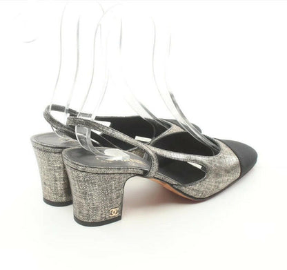 Chanel Metallic Slingback Sandals Black Cap Toe Block Heel Size C