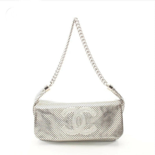 Chanel White Punching Leather Chain Shoulder Bag - Medium Size.