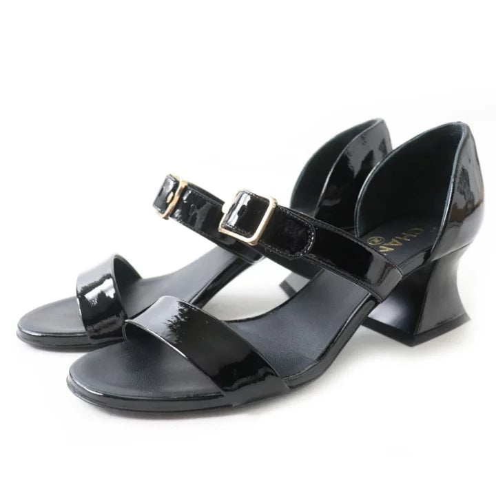CHANEL Black Patent Leather Strappy Sandals  Shoes Size