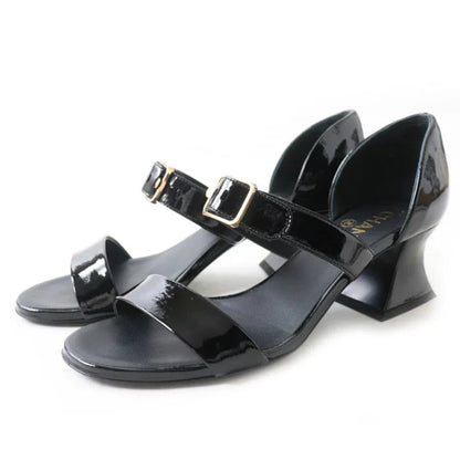 CHANEL Black Patent Leather Strappy Sandals  Shoes Size
