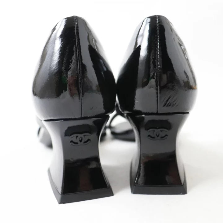 CHANEL Black Patent Leather Strappy Sandals  Shoes Size