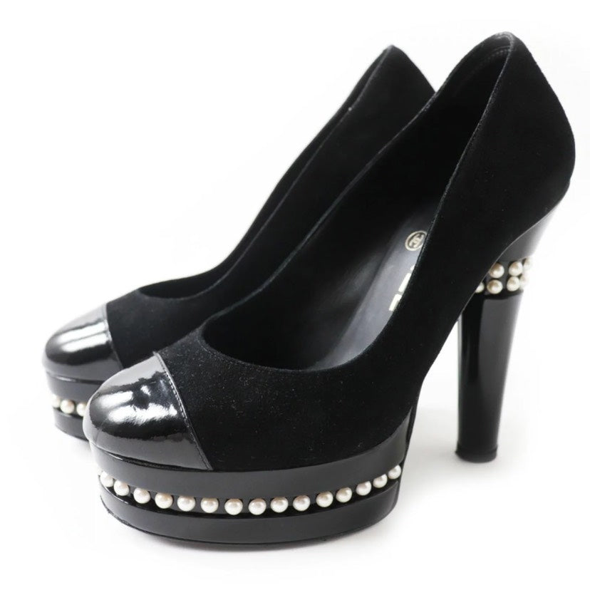 Chanel Black Leather Suede Pearl Embellished Platform Heels Size