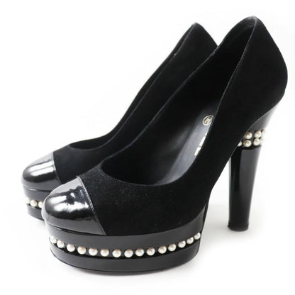 Chanel Black Leather Suede Pearl Embellished Platform Heels Size