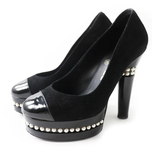 Chanel Black Leather Suede Pearl Embellished Platform Heels Size