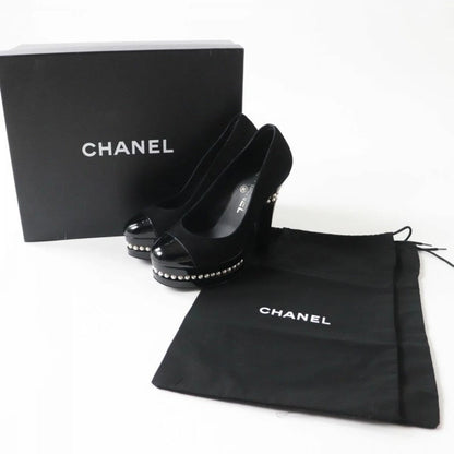 Chanel Black Leather Suede Pearl Embellished Platform Heels Size