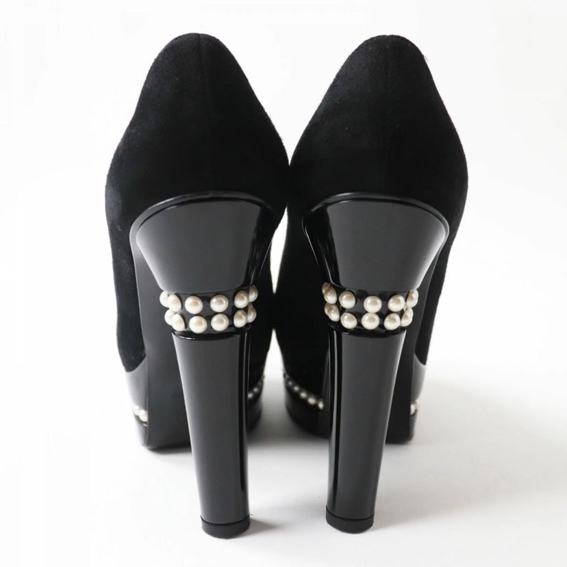 Chanel Black Leather Suede Pearl Embellished Platform Heels Size