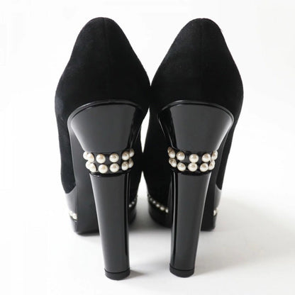 Chanel Black Leather Suede Pearl Embellished Platform Heels Size